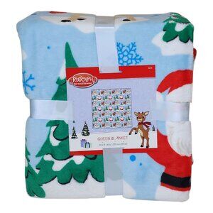 Rudolph The Red-Nosed Reindeer Queen Blanket 90" X 90" Christmas Theme Blue